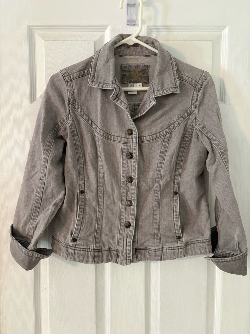 Gray Stretch Denim Jacket Medium Y2K Fitted Button Front - Picture 4 of 7